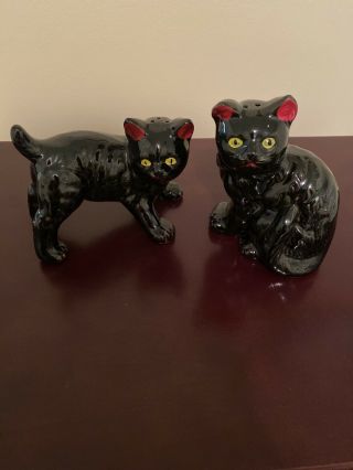 Vintage Large Ceramic Black Cat Salt And Pepper Shakers