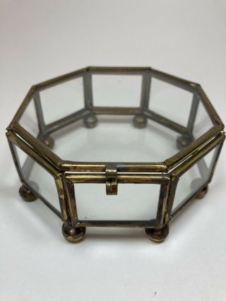 Vintage Glass Brass Jewelry Trinket Footed Octagon Box