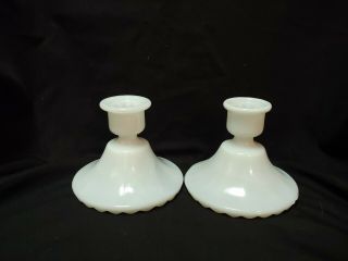Set Of White Milk Glass Taper Candle Holders Scalloped Base