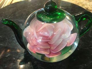 Dynasty Gallery Heirloom Collectible Paper Weight Teapot W/ Pink Flower W/green