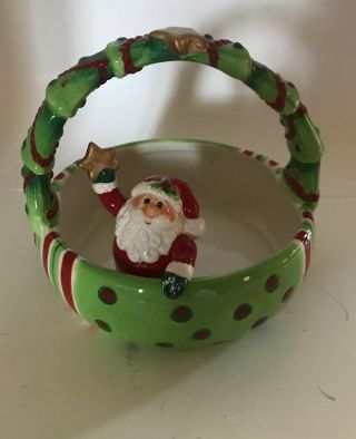 Fitz And Floyd Santa Claus Christmas Candy Dish 2008 Retired Green Spots Cute