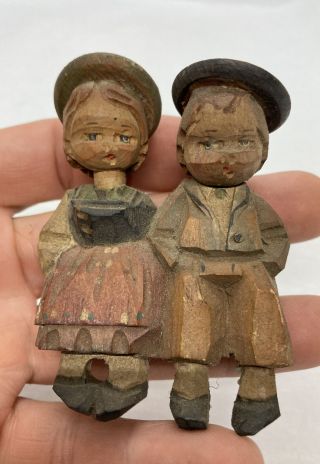 Vintage Miniature Hand Carved Wooden Figurine Wood Mechanical Heads 3”x2 - 1/4”