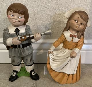 Pilgrim Boy And Girl Set Vintage Ceramic 12 Inches Tall Thanksgiving Decor
