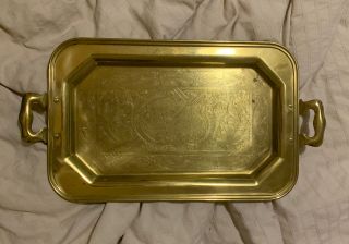 Vintage Brass Etched Tea Serving Tray Dutch Girl Windmill Country Nautical Scene