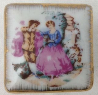 Vtg Tiny Trinket Ring Box Footed Porcelain Japan Hand Painted Man & Woman Gold