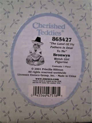 2001 Cherished Teddies Bronwyn Land Of My Fathers Is Dear To Me 865427 -