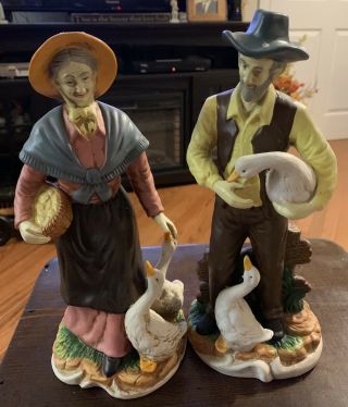 Vintage Old Man & Woman Farmer Porcelain 12” Statues Figurines Made In C