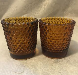 2 Vintage Amber Glass Hobnail Votive Candle Holders 2 3/8 " Tall 1939