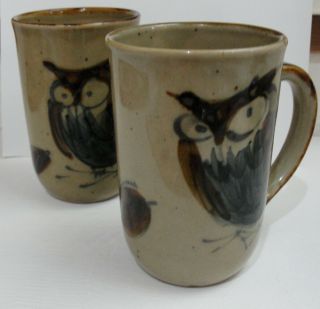 Pair Vintage Stoneware Speckled Owls Coffee Mug Cups Hand Painted Pottery Japan