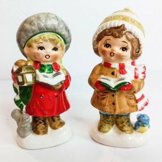 Set Of (2) Vintage Napco Christmas Carolers 4.  5 " Ceramic Figurines Japan 8982