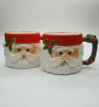 2 Vintage Fitz And Floyd Ff Christmas Santa Claus Hand Painted Mugs Japan 1976