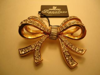 Vintage Swarovski Signature Jewelry Golden & Crystal Bow Design Brooch - Tag 3