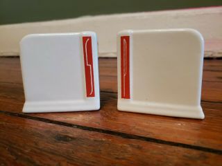 Vintage Ceramic Art Deco Salt And Pepper Shakers White With Red Letters