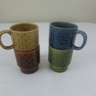 4 Vintage Stacking Mugs Japan Ceramic Green Blue Brown Tan