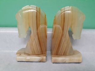 Vintage Trojan Horse Head Bookends Hand Carved Onyx Rock Stone Book Ends