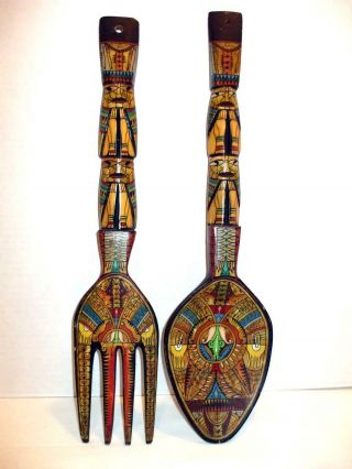 Vintage Wood Fork And Spoon Kitchen Wall Art Hand Painted Totem Tiki