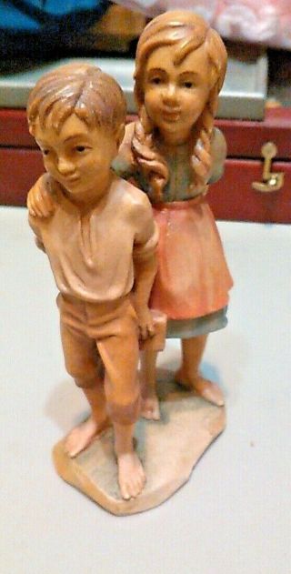 Anri Wood Carving Barefoot Boy & Girl Hiding Bread Hansel & Gretel 5 " Tall