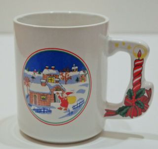 Set Of 2 Vintage Merry Christmas Ceramic Mug With Candle And Holly Berry Handle