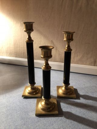Vintage Set Of 3 Brass Column Candlesticks Candle Holders Black Gold