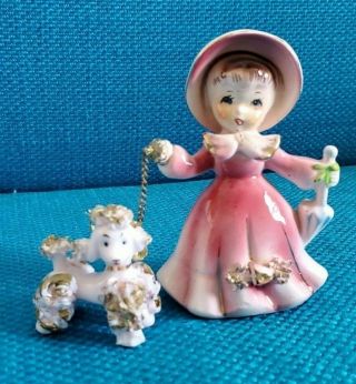 Vintage Sonsco Japan Ceramic Figurine Girl In Pink Dress Walking Poodle