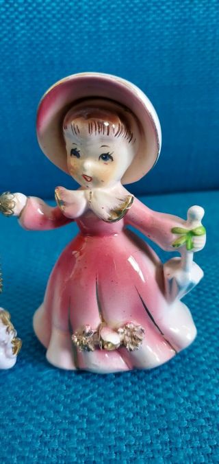 Vintage Sonsco Japan Ceramic Figurine Girl In Pink Dress Walking Poodle 2
