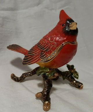 Cardinal Bird Limoge Style Enameled And Bejeweled Metal Trinket Box