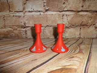 Vintage Made Sweden Swedish Candle Sticks Wood Wooden Red 3 " Pair Hand Painted