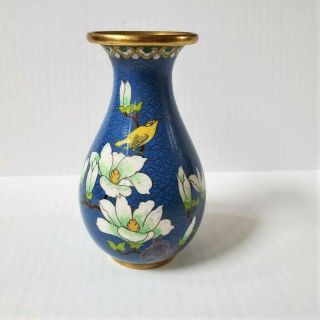 Vintage Blue Cloisonne Vase Yellow Bird White Flowers Enamel On Brass