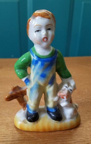 Made In Occupied Japan Porcelain Ceramic Figure Of A Boy With A Dog