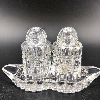 Vintage Pressed Glass Salt And Pepper Shakers On Clear Glass Serving Tray