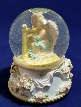 Vintage Resin Snow Globe Music Box With Angel Playing Harp