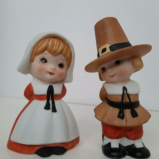 Hand Painted Vintage Pilgrim Boy And Girl By Lefton 3.  75 " Tall