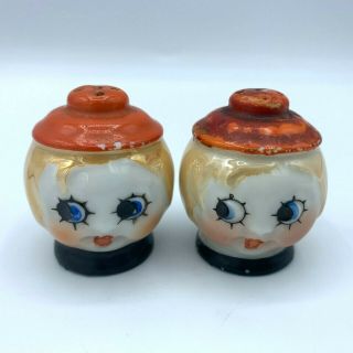 Vintage Set Peach Luster Boy Girl Side Glance Salt Pepper Shakers Japan