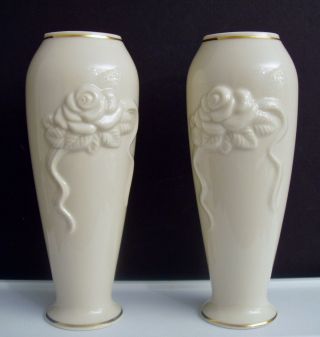 2 Lenox Embossed Rose & Ribbons Bud Vases Ivory Gold Trim 5 - 7/8 " Matching