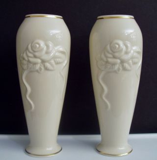 2 Lenox Embossed Rose & Ribbons Bud Vases Ivory Gold Trim 5 - 7/8 