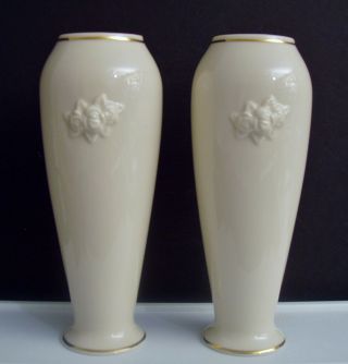 2 Lenox Embossed Rose & Ribbons Bud Vases Ivory Gold Trim 5 - 7/8 