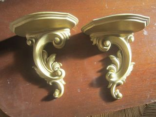 Vintage Syroco Gold Wood Wall Display Shelf Sconces Grooved Plate Shelves Pair