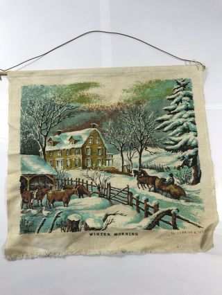 Vintage Currier & Ives Winter Morning Fabric Wall Hanging Primitive Art Display