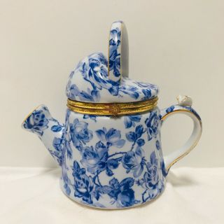 Formalities By Baum Bros.  Porcelain Blue Rose Chintz Trinket Box Watering Can