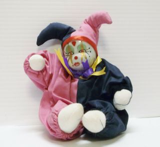 Vintage Clown Doll Porcelain Face 7 1/2 " Navy Blue/pink Outfit - No Hair