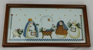 1997 Sandi Gore Evans Artwork Framed Nativity Print 13 " X 7 " Snowmen