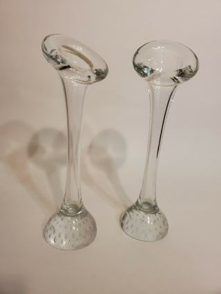 Set Of 2 Clear Crystal Bud Vases,  Tulip Shaped With Bubble Glass Bottom 9 " Tall