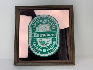 Vintage Heineken Framed Mirrored Glass Beer Sign For Man Cave 13”x13”