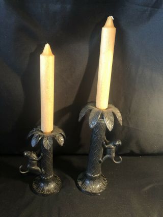 Set Of 2 Heavy Bronze Palm Tree Candlestick Holder With Monkeys Bombay Co.