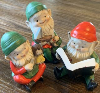 Vintage Homco Elf Figurines Set Of 3 Ceramic Elves Holiday Christmas 5205 5201