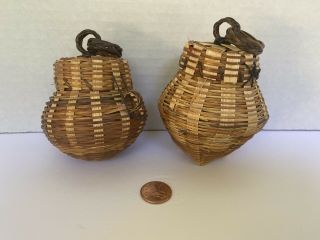 Vintage Small Woven Baskets With Lids Set Of 2 Mini Hanging Crafts Decoration