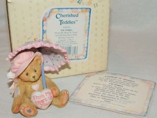 1993 Victoria.  Cherished Teddies W/ Box.  Pink Parasol " From My Heart To Yours "