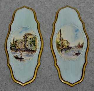 Two Florentia Venice Scenes Wall Hanging Wooden Plaques Hand Made In Italy