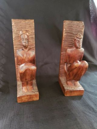 Vintage Wood Carved African Bookends Art Man & Women Set