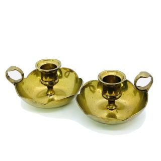 2 Vintage Brass Candle Stick Holder With Finger Loop & Drip Tray